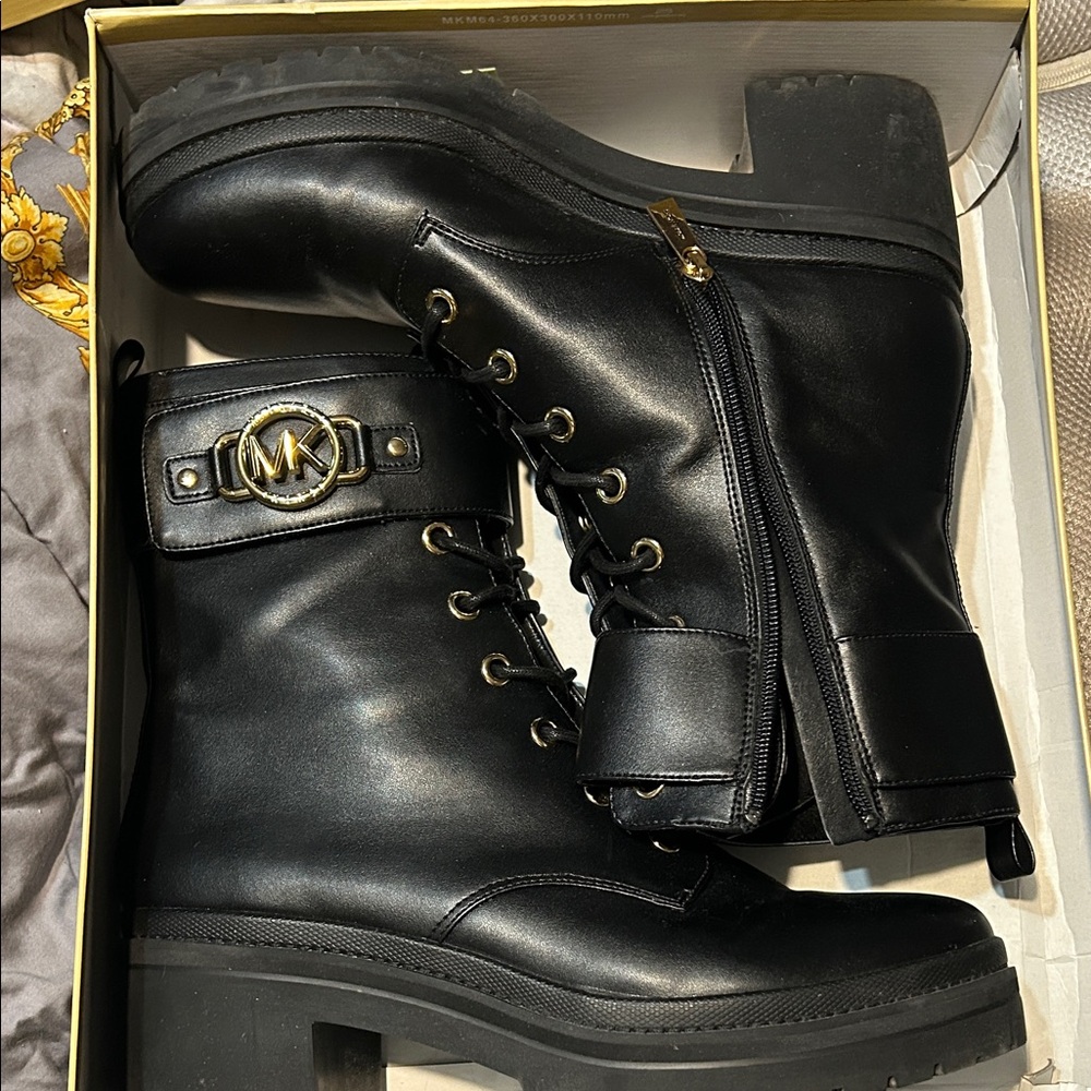 Michael Kors Black Leather Lug Sole Combat Boots with Gold Hardware